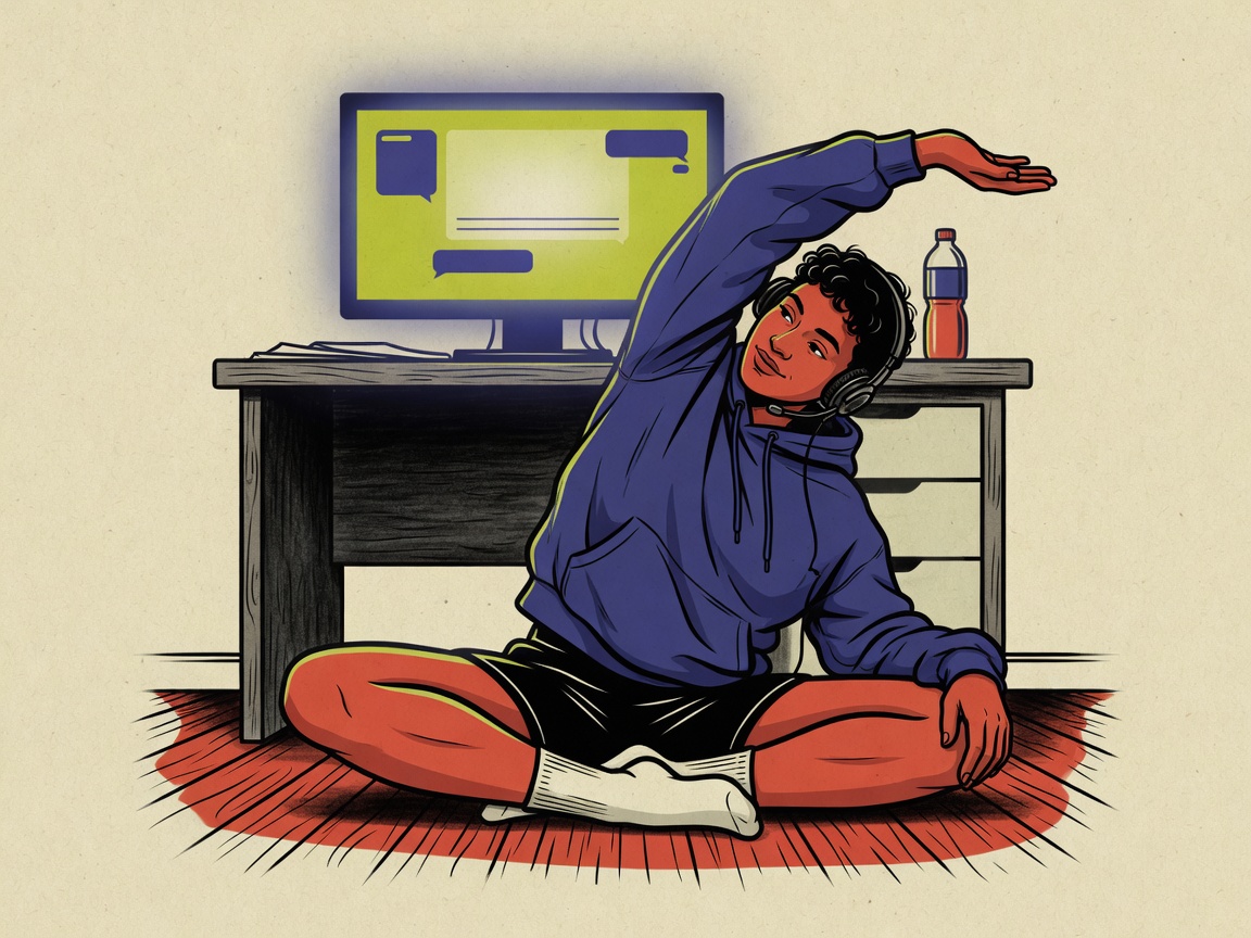The character sitting on the floor in a wide hip stretch, chatting on a monitor behind them.