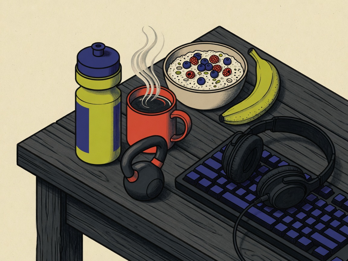 A desk still life with oats, a banana, coffee, a water bottle, a kettlebell, and a headset on a keyboard.