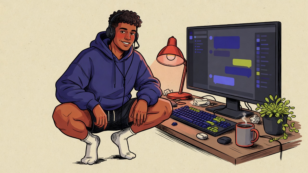 An illustrated Fluxer user in a hoodie and headset doing a squat beside a desk, chat bubbles glowing on the monitor.