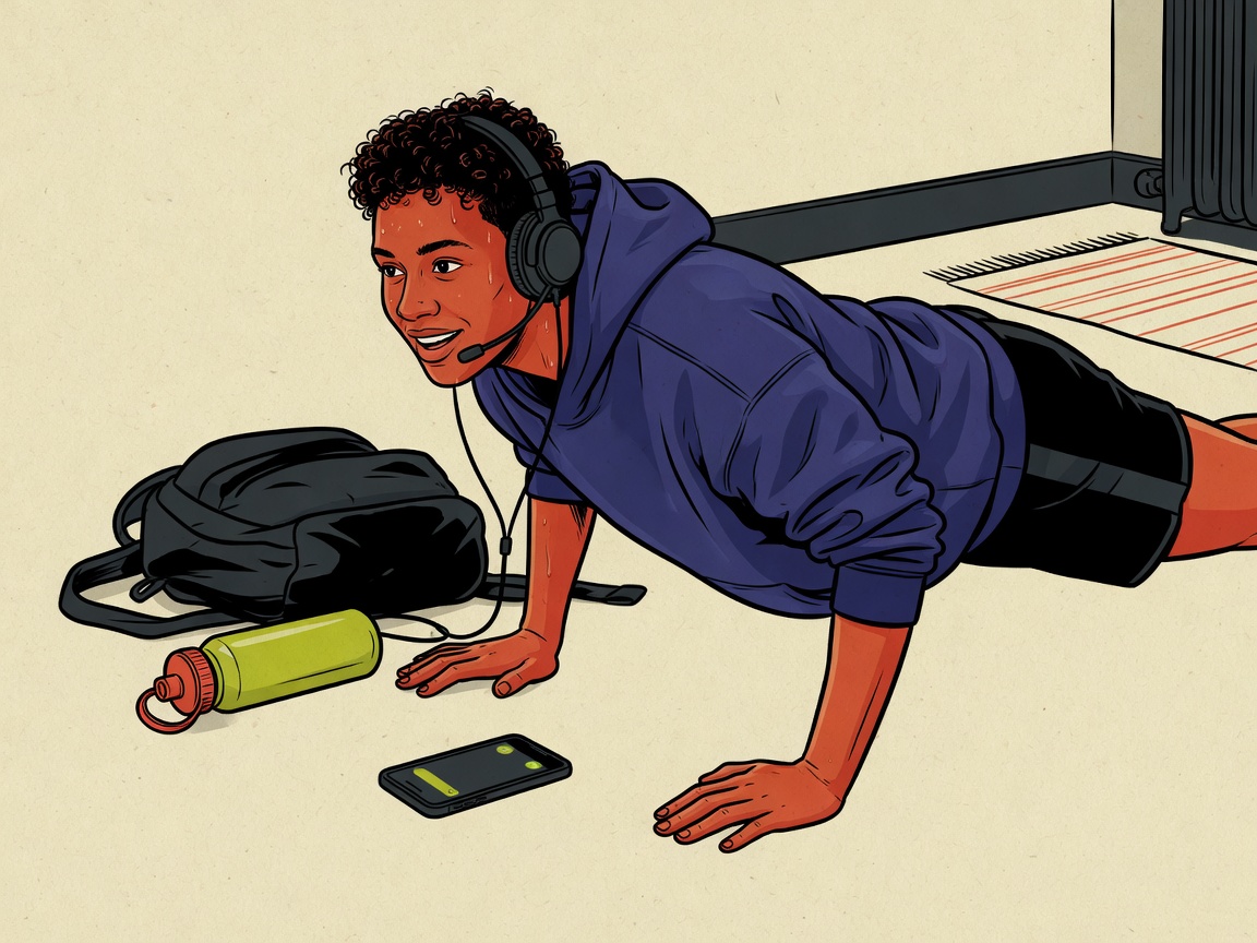 The same character doing a push-up on the apartment floor, headset still on.