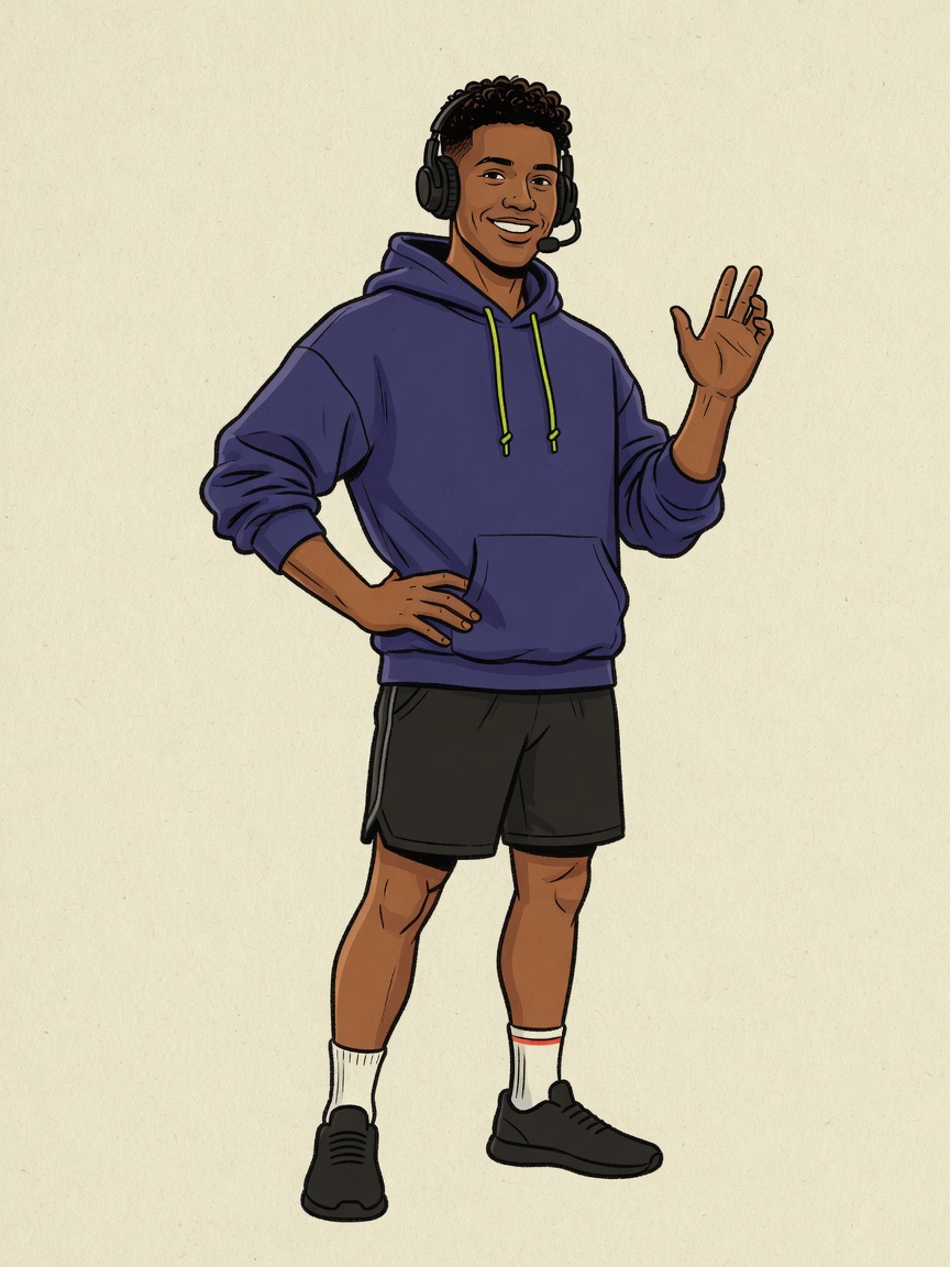 Flexer mascot: a smiling athletic person in an indigo hoodie, shorts, and a headset, waving.