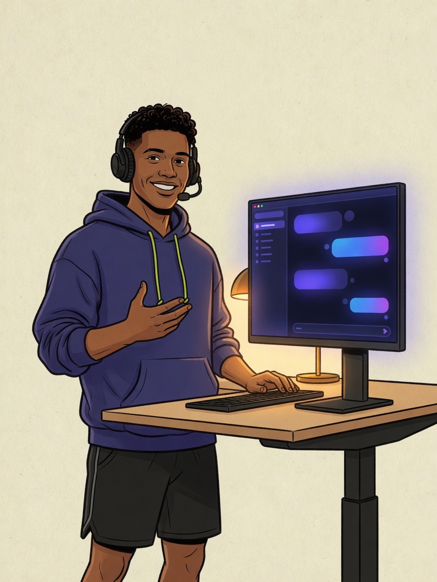 Illustrated person standing at a sit-stand desk, talking in a glowing chat app, headset on.