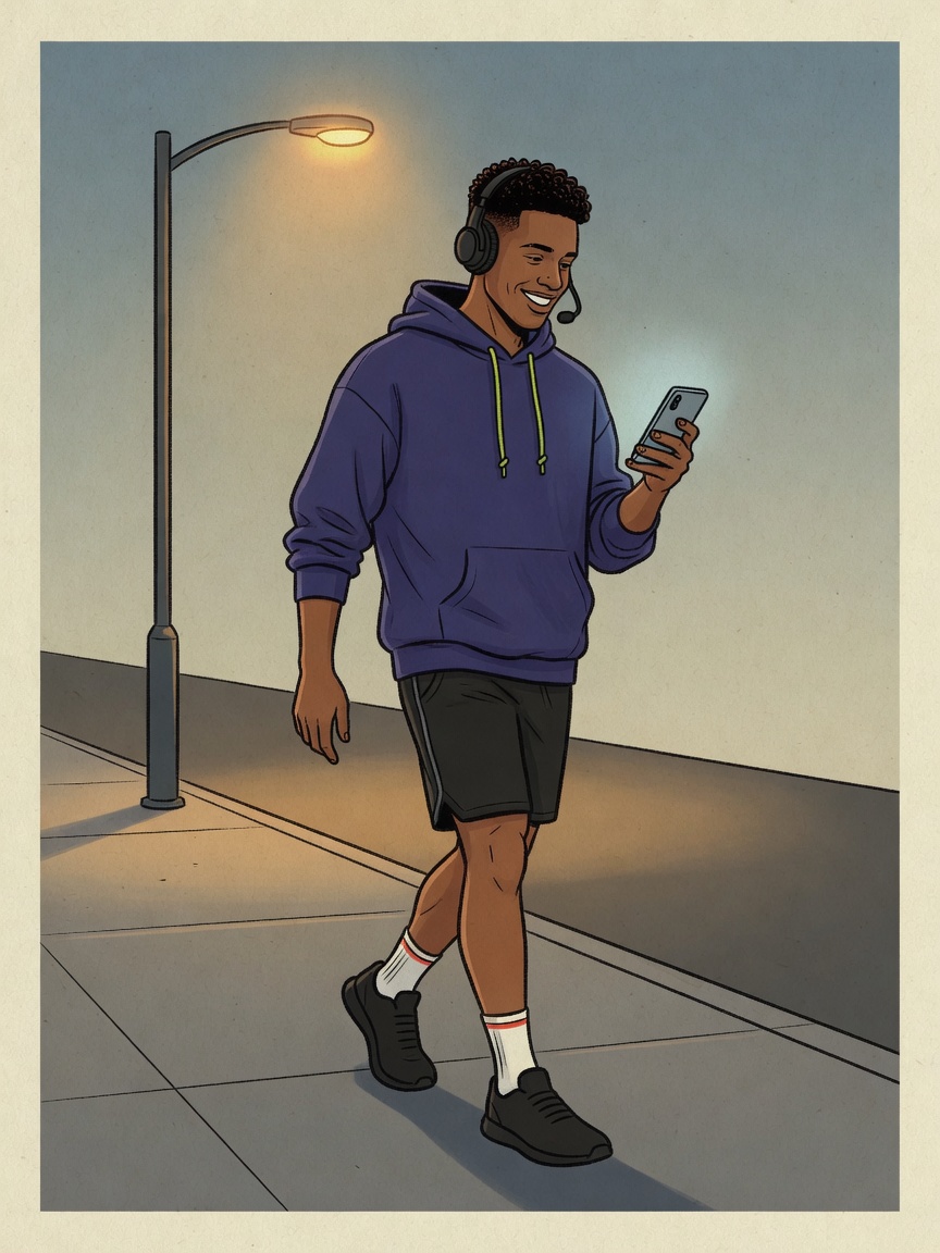The character walking at dusk with a headset and a phone, still in the call.